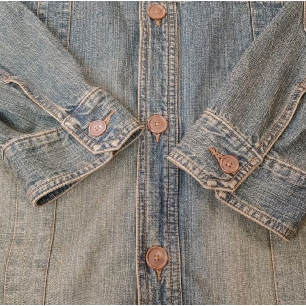 Express Military Jean Jacket Woman Large Blue Denim Button Elbow Patches Utility - Picture 9 of 12